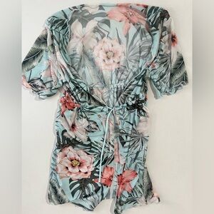 Floral Tropical Hawaii Vacay Swimsuit Cover with cord tie in front sheer